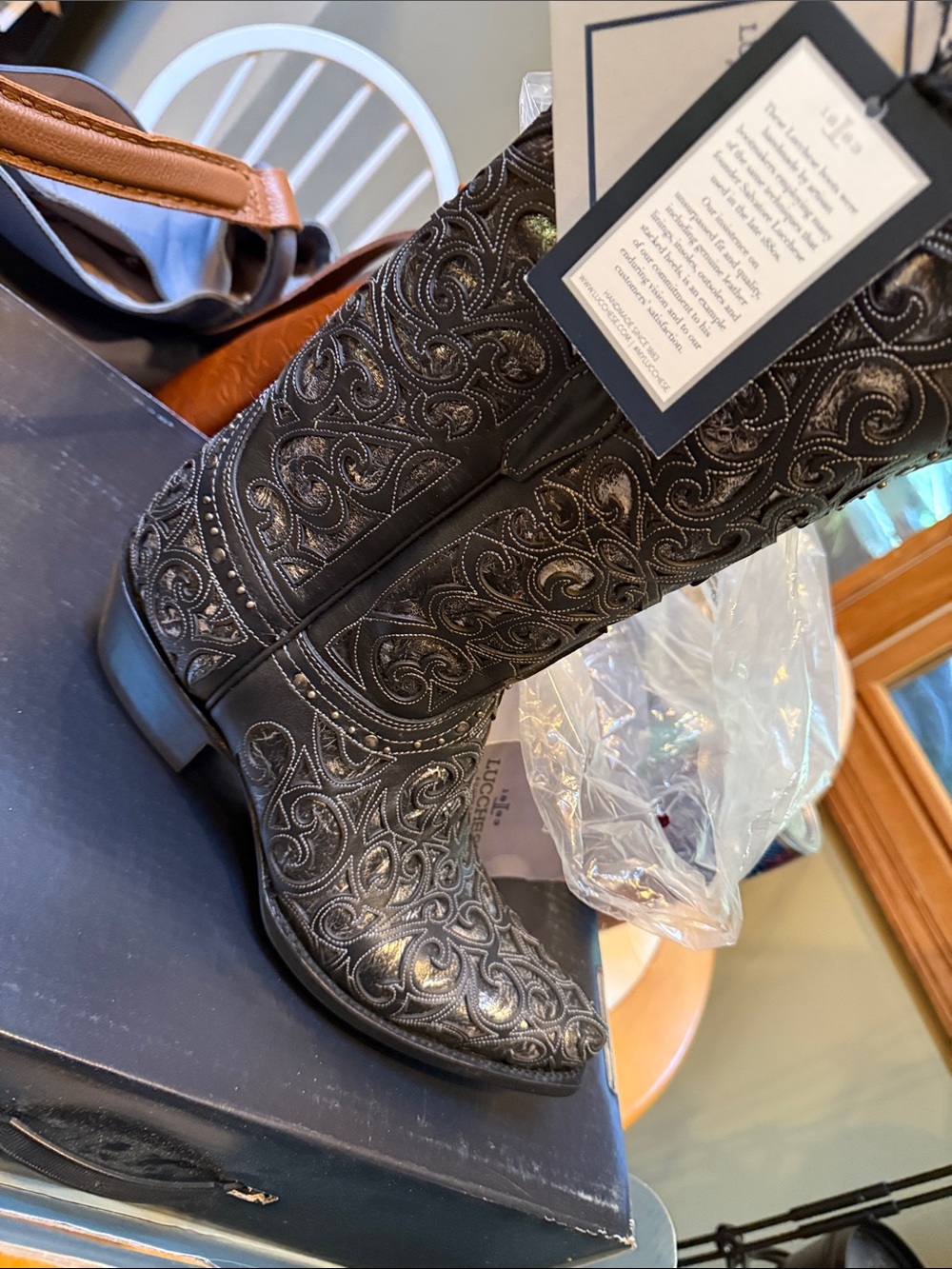 Lucchese Black Embroidered Leather Western Ankle Boots